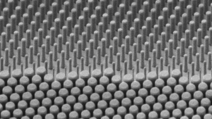 SEM image: Section of a microstructure of a high-NA metal lens (Si columns on fused silica)