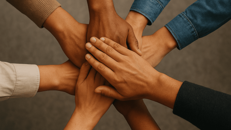 Hands placed on top of each other as a team
